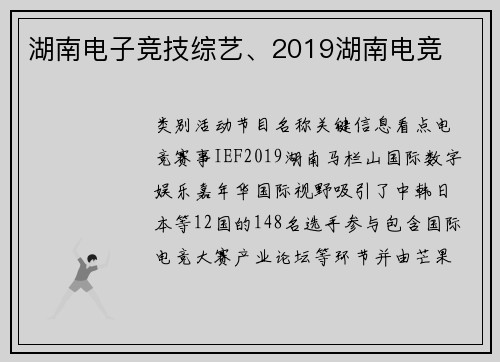 湖南电子竞技综艺、2019湖南电竞